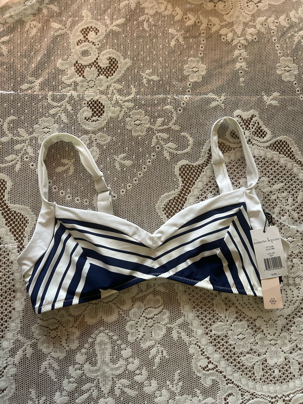 Nanette Lepore White and Navy Striped Bikini Top